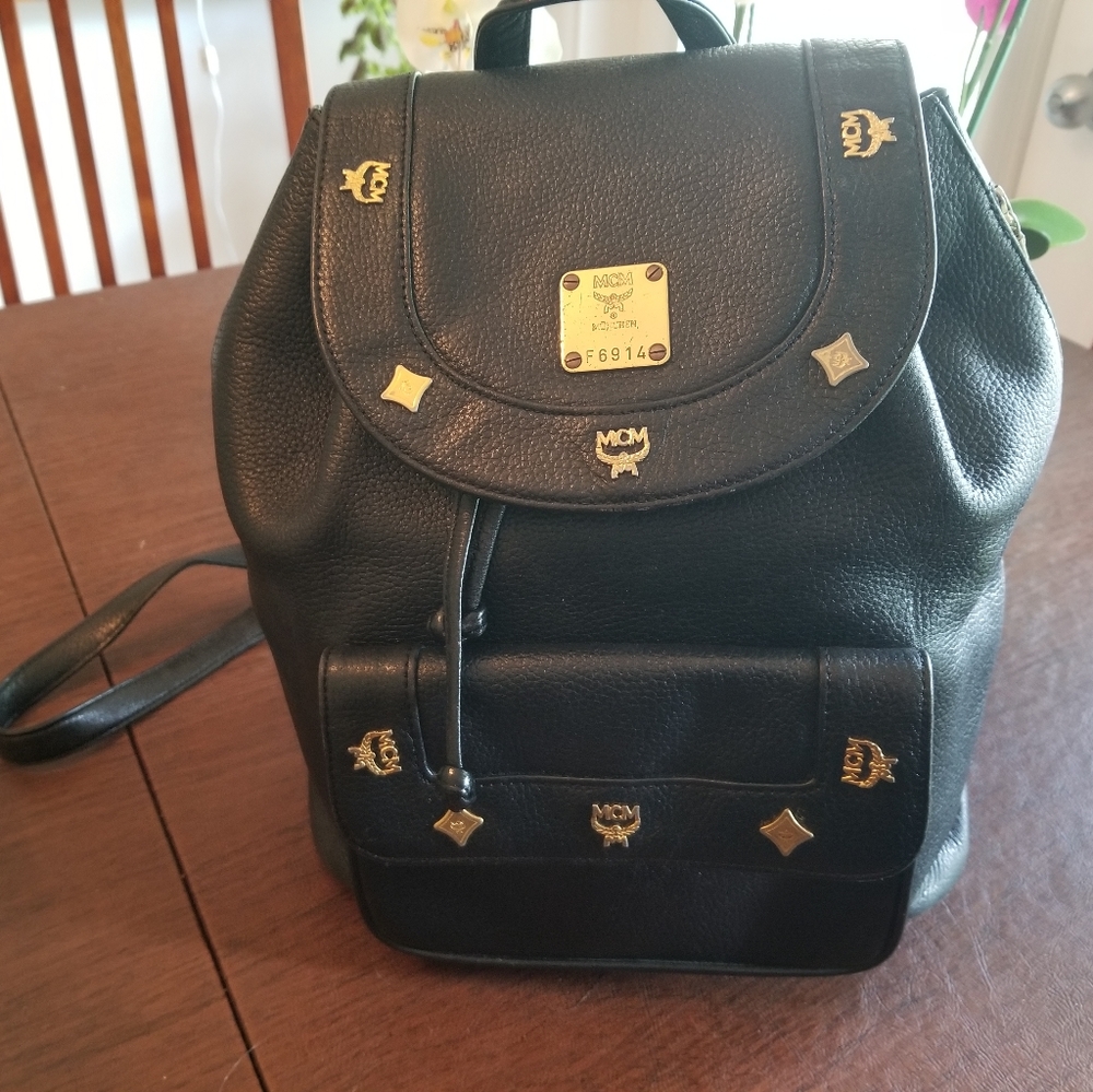 MCM Black Leather Backpack with Gold Hardware